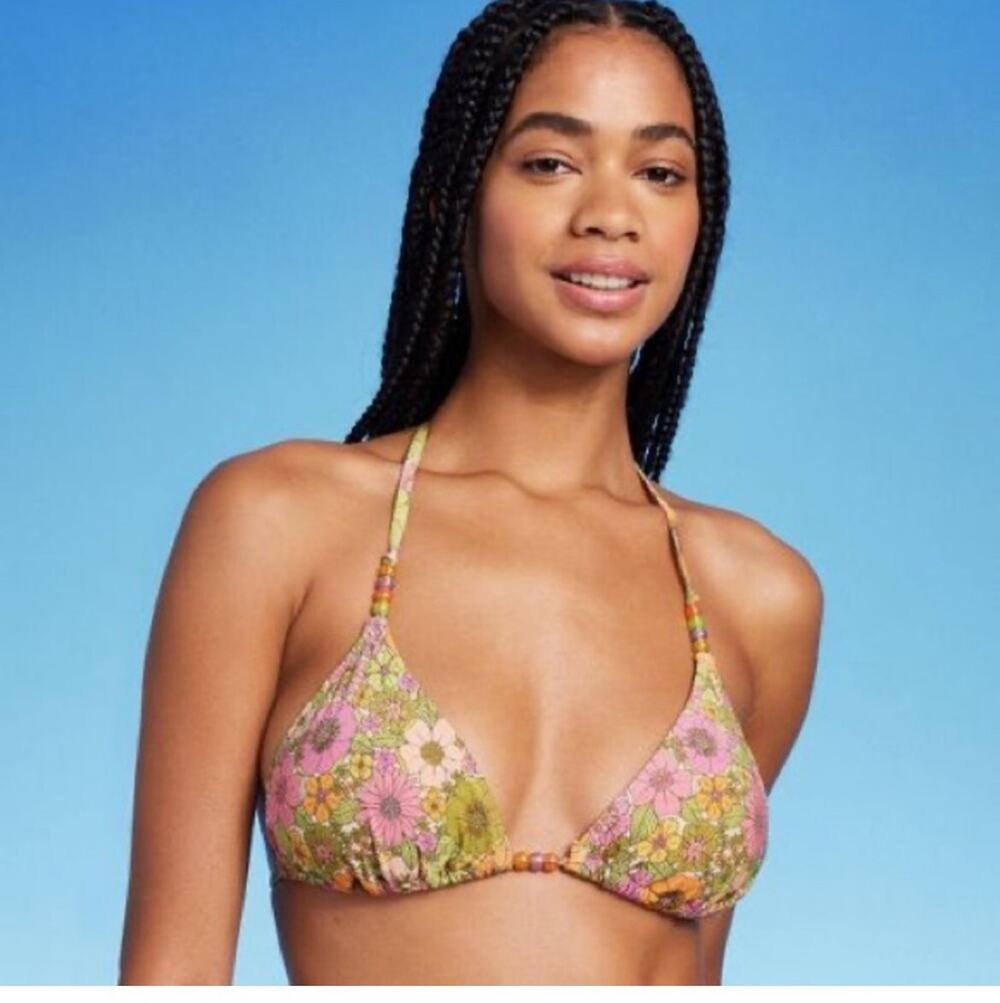 Wild Fable Beaded Strap Triangle Bikini Top Pink Lurex Women's Size XS (0-2)